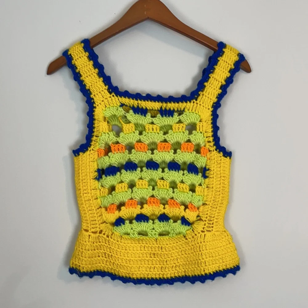 Hand-Crocheted Yellow & Multicolor Tank Top - Picture 4 of 9